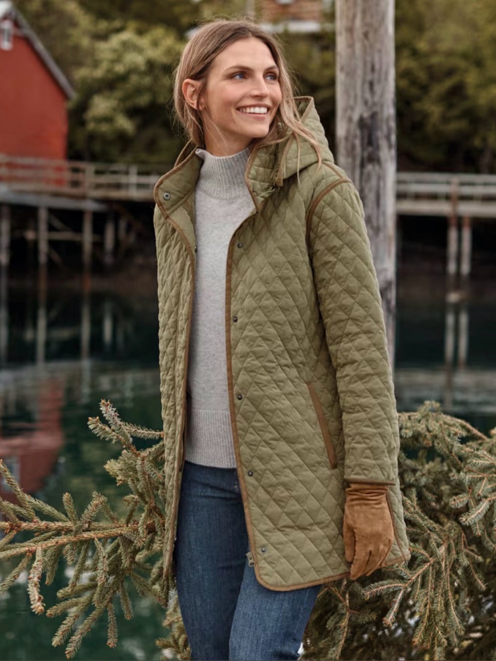 Garnet Hill Essential Quilted Hooded Coat Dried Herb Green English Country 10